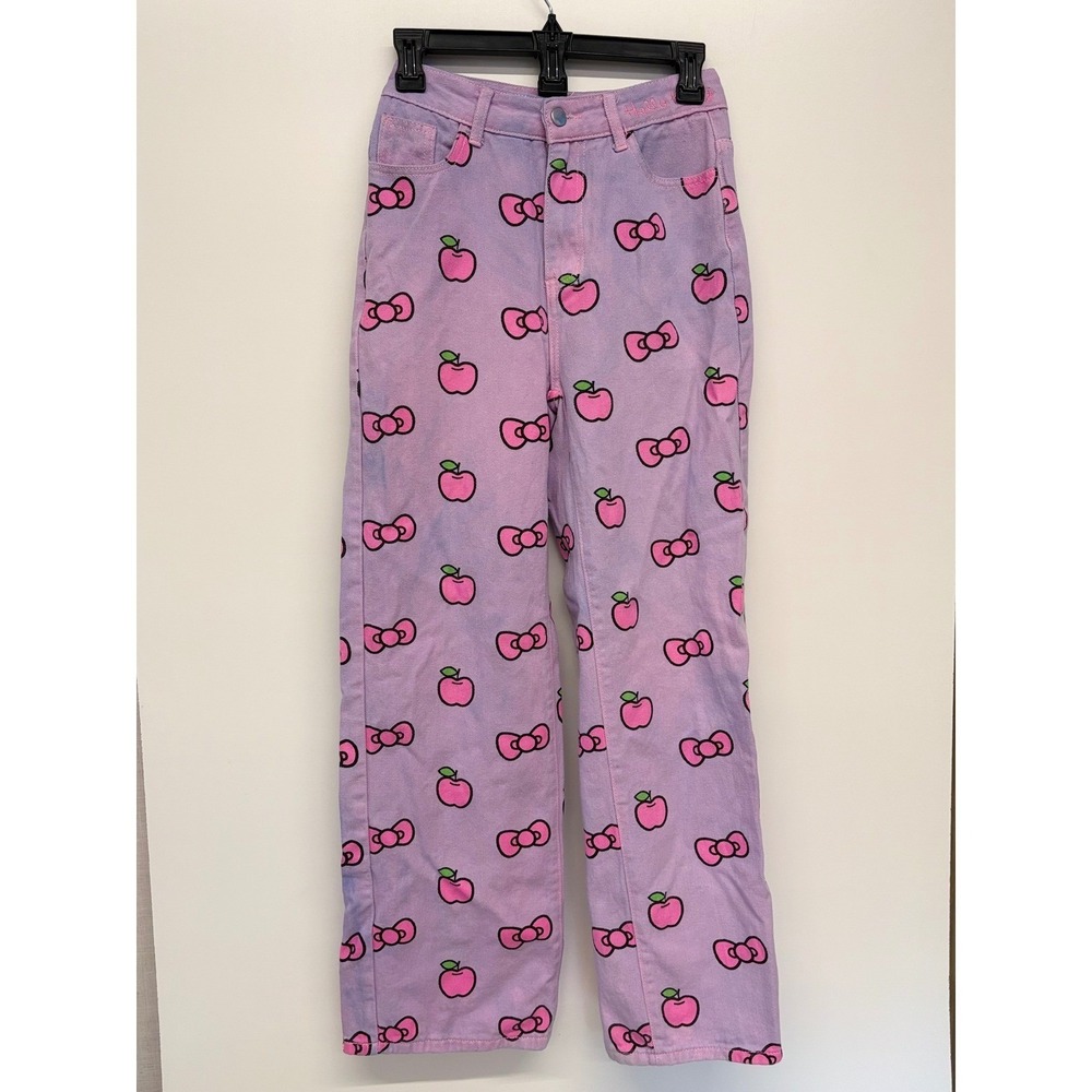 Hello Kitty Jeans Custom Dyed XS Wide Leg Y2K  Bow Apple Print Kawaii Kidcore